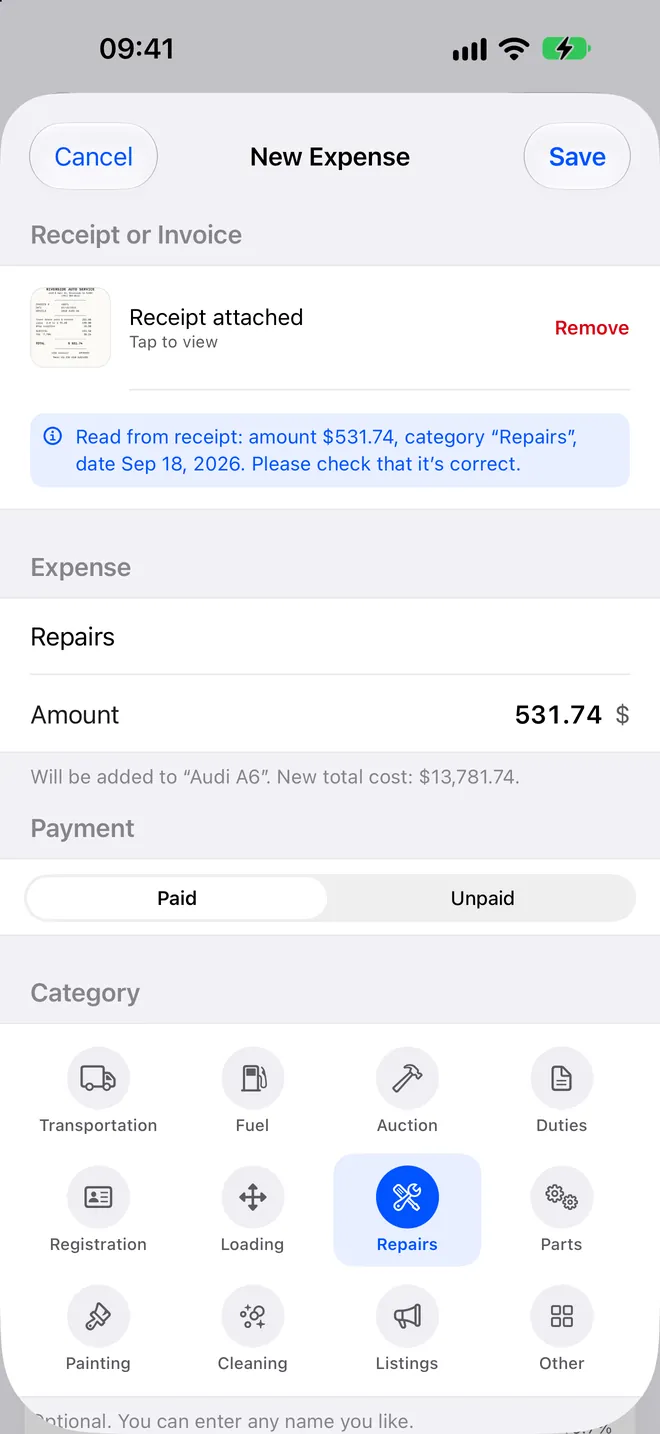 Deelary receipt capture screen reading an amount and date from a photographed receipt