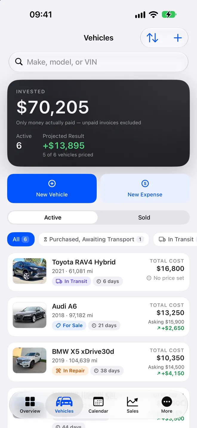 Deelary inventory screen listing cars with total cost, asking price, margin and days held