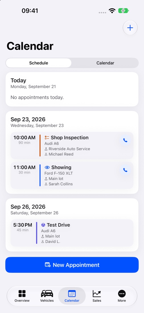 Schedule screen with shop inspection, showing and test drive